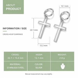 Boucles d'oreilles créoles en acier inoxydable argenté, avec breloques géométriques polies, motif croix de 22,1 × 13,2 mm - Product Image 3
