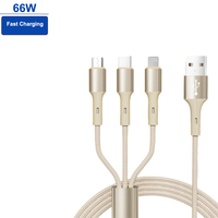 Kabel Pengisi Daya USB 3 in 1 66W Max Pengisian Cepat, Kabel Multi Charger Berbahan Nilon Kepang untuk Ponsel, Tablet, Laptop