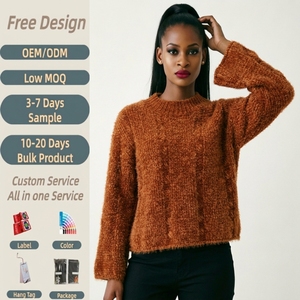 Pull en fil de plumes orange rouille douillet à col rond, épaules tombantes, style rétro, couleur caramel, tricot ample pour <span class=keywords><strong>femme</strong></span> - Product Image 1