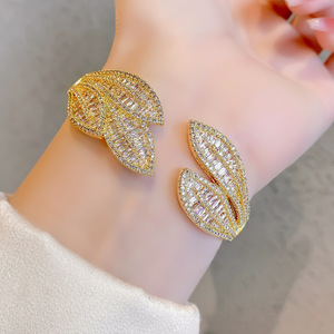 Leaf Design Micro Inlaid Sparkling Open <b>Bangle</b> Gold And Silver Plated <b>Copper</b> Jewelry For Women Fashion Accessory - Product Image 3