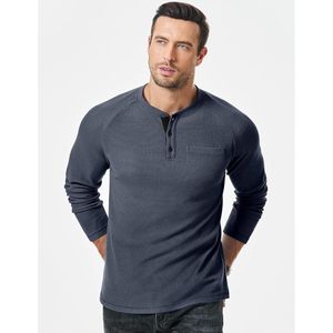 Camiseta informal de manga larga con botones para hombre 2025 con diseño Waffle Henley y cuello redondo con bolsillo - Product Image 3