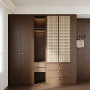 Modern Hotel <b>Bedroom</b> Wardrobe Dark Wood Design With Rattan Panels & Modular Perforated Side <b>Storage</b> for Guest Rooms - Product Image 6