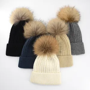 KAZUFUR Factory Price Winter Beanie Hat Real Raccoon Fur Pom Pom Hats