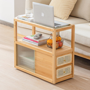 Sofa <b>Side</b> Cabinet <b>Glass</b> Top Wooden Storage With Drawers Living Room Furniture - Product Image 3