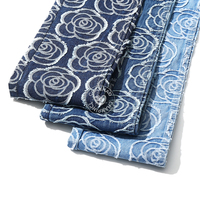 Tissu en denim jacquard bleu à franges roses, 80% coton, pour jeans, 12 oz, tissu en denim de haute qualité, vente en gros