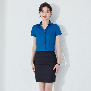 Women's Professional Short Sleeve Shirt Button Down Poplin Workwear Commuting Style Slim Fit Blue Black Midi Skirt Set - Product Image 3