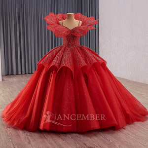Robes de mariée élégantes à épaules dénudées, en dentelle rouge perlée avec appliques, pour la mariée, robes de mariée à volants, Vestido De Noiva Rsm251019 - Product Image 1