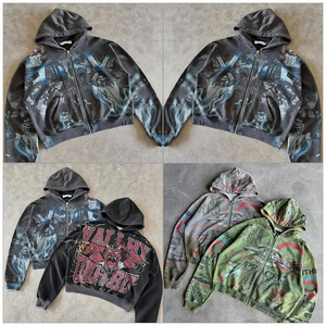 사용자 정의 Dtg 인쇄 지퍼 프렌치 테리 코믹스 산성 워시 고민 빈티지 꽃 스트리트웨어 헤비 웨이트 남여 공용 겨울 후드 - Product Image 2