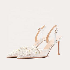Sepatu Hak Tinggi Wanita Model Stiletto Renda Mewah Musim Panas 2024, Sandal Putih untuk Pengantin Wanita - Product Image 3