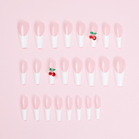 Uñas Postizas Largas Estilo Ataúd, 24 Piezas, Color Nude Blanco Francés, con Pedrería Roja Cereza 3D, Brillantes, para Mujer, Uso Diario y Fiestas de Verano