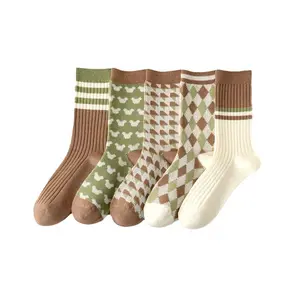 9月活动新款袜子文艺复古绿色菱形格子双针每日杂风堆袜子