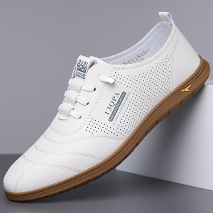 Mocasines de cuero blanco I3OPA para hombre, zapatos para conducir con cordones transpirables y punta redonda, suela de goma con forro de malla informal de verano - Product Image 1