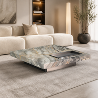 Table basse carrée de luxe moderne, plateau en marbre brun Venise naturel de 18 mm, base en acier inoxydable gris titane brossé