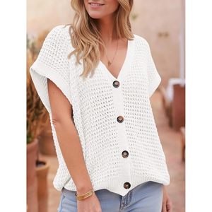 Cárdigan de ganchillo de manga corta para mujer, con cuello en V, abotonado, de punto calado, para playa, top informal de verano - Product Image 4