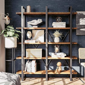 Industrial Double Wide 5 Tier Bookshelf Wood <b>Metal</b> Frame Large Open Display <b>Shelf</b> Bookcase for Home Office Living Room - Product Image 2