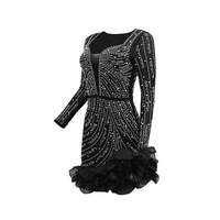 Robe mini décontractée d'été à manches longues, coupe ajustée trapèze, en tissu uni, taille naturelle, col en V, avec décoration en perles, maille et strass
