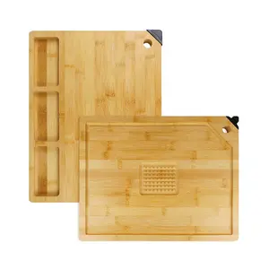 批发定制大型有机竹菜板屠夫块，带3个内置隔间果汁槽磨刀机