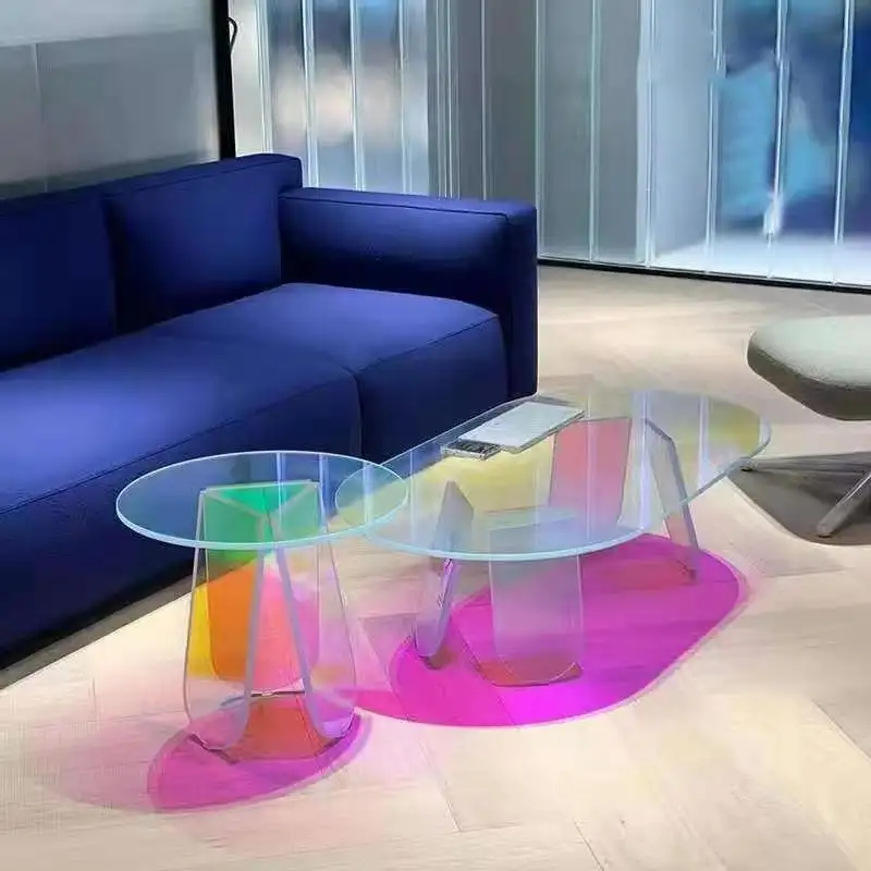 Table basse en acrylique, petite Table d'appoint ovale, meuble de salle à manger en verre transparent arc-en-ciel, mobilier de maison moderne