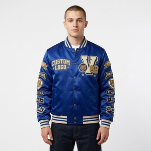 Chaqueta Varsity Negra de Satén para Hombre, con Letras Bordadas, Botones a Presión, Diseño Personalizable, Forro Polar de Invierno, Exterior de Algodón, Estilo Béisbol - Product Image 6