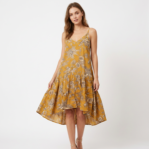 Robe d'été décontractée pour femme, imprimé floral, col en V, bretelles spaghetti, longueur au sol, style bohème, coupe trapèze, moderne, écologique, lavable - Product Image 1
