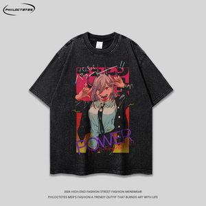 เสื้อยืดคอกลมแขนสั้นสไตล์ฮิปฮอปผ้าฝ้ายแท้เนื้อหนัก 260 กรัม ลุคการ์ตูน<span class=keywords><strong>อนิเมะ</strong></span>ญี่ปุ่น ทรงหลวม ซักแล้วทำสีซีดแบบวินเทจ - Product Image 2