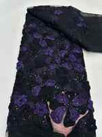 Dentelle brodée 3D florale lourde, noire et violet foncé, avec perles et sequins, en maille, vendue au mètre, plusieurs couleurs, livraison rapide