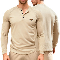 T-shirt décontracté pour homme en gros - Haut à manches longues style américain en maille gaufrée boutonné à manches raglan séchage rapide (Printemps & Automne)