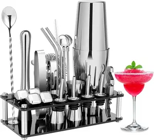 Kit 16pcs stainless steel cocktail shaker set Bartender set steel boston cocktail shaker set with Acrylic stand