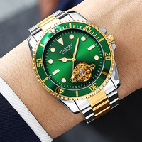 Herren Mechanische Uhr Skelett-Schwungrad Zweifarbiges Edelstahlarmband Drehbare Lünette Leuchtend Wasserdicht Herren-Armbanduhr TB1027