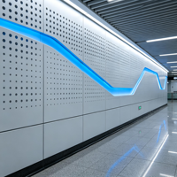 Panneaux en aluminium perforés sur mesure pour la décoration de façades de bâtiments, différents motifs de perforations, tailles et couleurs.