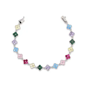 Pulseira de prata esterlina 925 4 folhas trevo arco-íris colorido zircão joia feminina