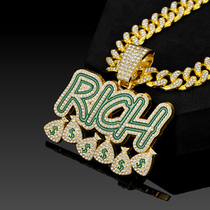 Conjunto de Cadena Cubana con Colgante Iced Rich, Chapado en Oro, Diamantes de Circonita, Collar Hip Hop, Letra de Aleación con Esmalte Verde, Amuleto de Bolsa de Dinero, Regalo - Product Image 2