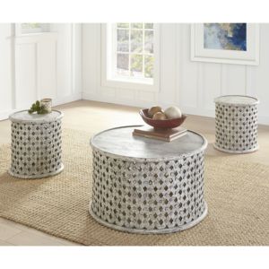 DB Samir White Round Tribal Carved Wood <b>Cocktail</b> <b>Table</b> Minimalist Farmhouse Style Living Room Furniture - Product Image 2