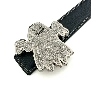 Hebilla de cinturón de Metal con diamantes de imitación brillantes con forma de fantasma, logotipo de marca personalizado, hebilla de aleación de Metal Chapado en plata de 38mm para hombre