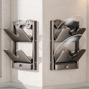 Support mural métallique multifonctionnel non perforé à plusieurs niveaux pour couvercles de casseroles, un organisateur peu encombrant pour planches à découper - Product Image 1