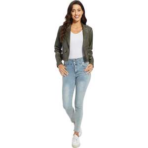 Chaqueta de piel sintética verde para mujer, de talla grande, longitud corta, con capucha, personalizada, sólida, Occidental, otoño, primavera, poliéster, cuero PU teñido - Product Image 5