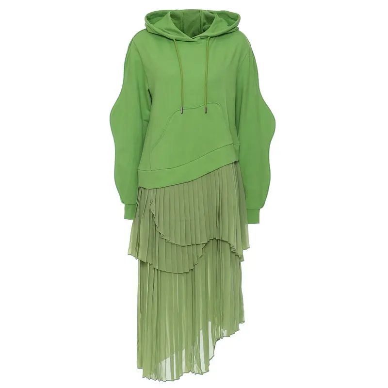 OUDINA Fashion Green Irregular Stitching Two-piece Hooded Sweatshirt Dress Pleated Hoodie Dresses