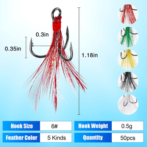 120 hameçons triples à plumes, courbés et ronds, avec anneaux fendus <span class=keywords><strong>pour</strong></span> <span class=keywords><strong>la</strong></span> fabrication de leurres spinner, spoon et crankbait, <span class=keywords><strong>pour</strong></span> eau salée et eau douce - Product Image 3
