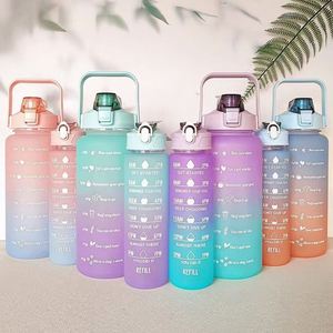 Bouteille d'eau portable en plastique dégradé 1L avec logo personnalisé, mignonne, avec paille, en PC givré, anti-fuite, bouchon push-pull pour étudiants - Product Image 4