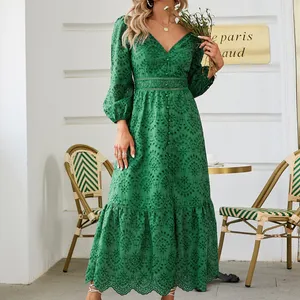 GDTEX Women High Waist Vacation Dresses Deep V Neck Lantern Sleeve Buttons Floral Jacquard Bottom Slit Long Lace Custom Dress