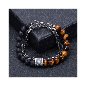 Fashion perhiasan manik-manik 8mm, Gelang gesper baja anti karat manik-manik batu Lava buatan tangan batu Macan alami lapisan ganda - Product Image 1