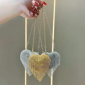 Mini sac à main de soirée en cristal pour femme, en forme de cœur, or, argent, diamant, pompon, sac à main de mariée, petit sac à main en cristal, sac messager - Product Image 1