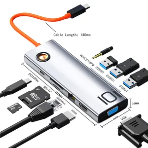 Multiport 10 trong 1 loại C HUB USB3.0 HDTV SD TF âm thanh RJ45 VGA Dock máy tính xách tay 100W máy tính xách tay thông minh Ethernet USB C HUB