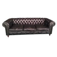 Canapé Chesterfield vintage en cuir véritable noir 3 places, canapé de luxe européen avec pieds en bois pour le salon