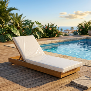 Chaise longue moderne en teck avec coussin en polyester blanc, inclinable manuellement, pour extérieur, bord de piscine, cour, résistante aux UV - Product Image 1