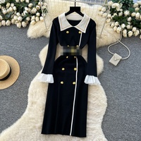 Robe décontractée élégante pour femmes, tricotée, à manches longues, avec ceinture à la taille, col contrasté et poignets à volants, pour un usage quotidien