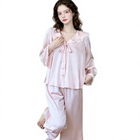 Pakaian Tidur Gaya Prancis Bahan Satin Poliester Tipis Model Kerajaan Manis Lucu Lengan Panjang Nyaman Dipakai untuk Tidur