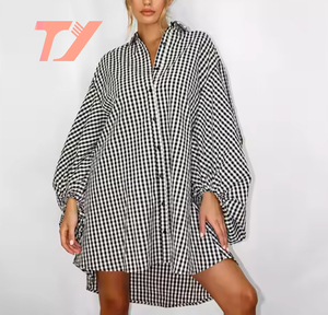 Vestido TUOYI 100% vestidos casuales de algodón muestra un patrón de guinga blanco y negro vestido de camisa de guinga - Product Image 3