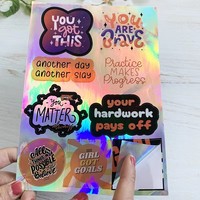 Feuille d'autocollants holographiques imperméables personnalisés en vinyle résistant aux UV, transparents, mignons, découpés à la forme, feuilles d'autocollants personnalisées