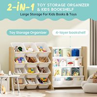 Étagère multifonctionnelle de rangement pour jouets en bois pour enfants avec 16 bacs en plastique Organisateur de jouets pour enfants